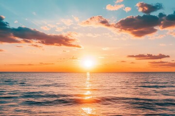 Fototapeta premium Horizon Sea Sky Background, Sunset sky clouds over sea in the evening with Orange, Yellow sunlight Golden hour in Summer landscape, Dusk sky seascape backgrounds , ai