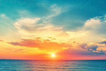 Horizon Sea Sky Background, Sunset sky clouds over sea in the evening with Orange, Yellow sunlight Golden hour in Summer landscape, Dusk sky seascape backgrounds , ai