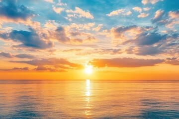 Horizon Sea Sky Background, Sunset sky clouds over sea in the evening with Orange, Yellow sunlight Golden hour in Summer landscape, Dusk sky seascape backgrounds , ai