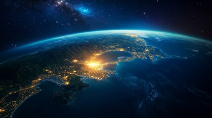 A stunning view of New Zealand's coastline at night, as seen from space. The image captures the glow of city lights against the backdrop of a starry sky, showcasing the beauty of our planet from above