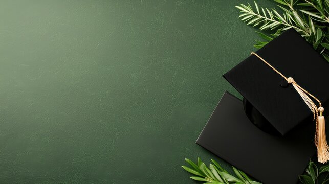 Graduation Cap  Diploma  Green Background  Flat Lay