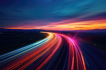 Obraz premium At night, the light trajectory of the taillights of fast-moving vehicles on city roads
