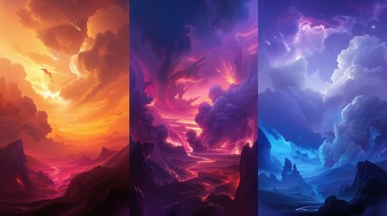 Tranquil Enchantment, a collection of three captivating fantasy landscapes featuring lush forests, mystical mountains, and serene lakes, ideal for immersive digital backgrounds.
