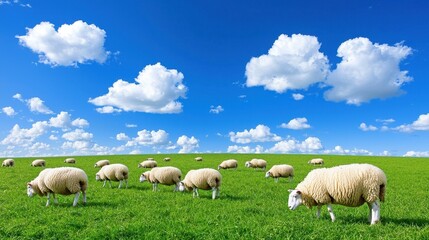 Fototapeta premium Sheep Grazing in Green Pasture Under Blue Sky with Fluffy Clouds