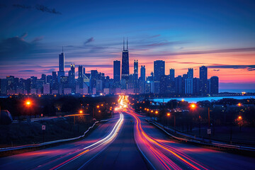 Fototapeta premium At night, the light trajectory of the taillights of fast-moving vehicles on city roads