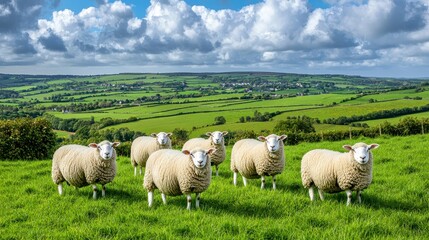 Fototapeta premium Sheep Grazing in Green Field with Cloudy Sky and Rolling Hills
