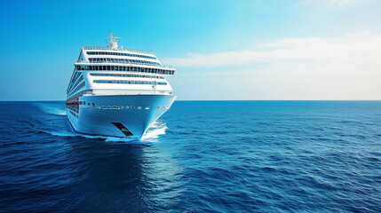 Naklejka premium A large white cruise ship sails across the blue ocean under a bright blue sky, creating a serene and inviting scene perfect for a sea voyage.