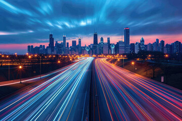 Obraz premium At night, the light trajectory of the taillights of fast-moving vehicles on city roads