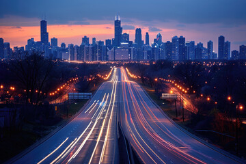 Fototapeta premium At night, the light trajectory of the taillights of fast-moving vehicles on city roads