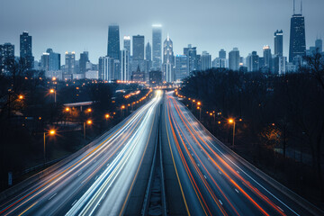 Fototapeta premium At night, the light trajectory of the taillights of fast-moving vehicles on city roads