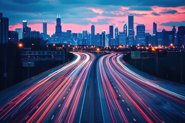 At night, the light trajectory of the taillights of fast-moving vehicles on city roads