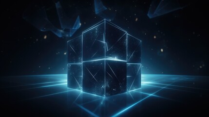 A glowing, futuristic cube with a dark, abstract background.