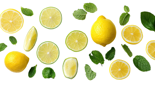 Pattern featuring lemons, lemon slices, and lime on a fresh, colorful background