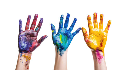 Colorful hand prints and raised hands of children in a fun, vibrant illustration