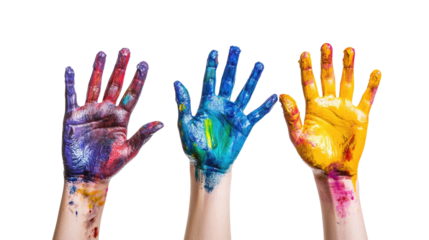 Colorful hand prints and raised hands of children in a fun, vibrant illustration