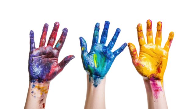 Colorful hand prints and raised hands of children in a fun, vibrant illustration - Powered by Adobe