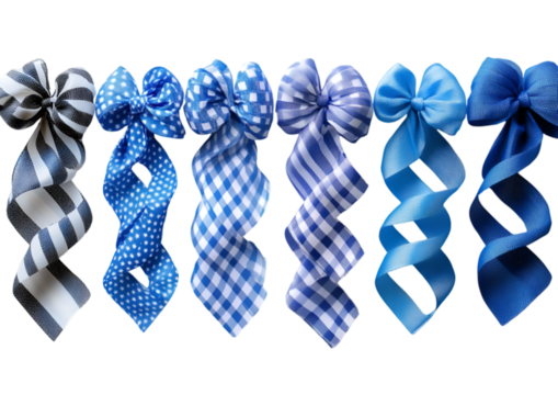 a row of blue and white ribbons. 