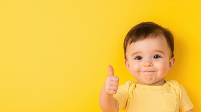 Happy Baby Giving Thumbs Up on Yellow Background