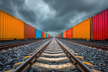 Fototapeta premium On the railway, trains carrying goods pass quickly