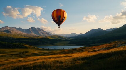 Obraz premium A vibrant hot air balloon gracefully glides over a stunning mountain landscape, showcasing the beauty of nature and adventure. This image captures the thrill of hot air ballooning and the breathtaking