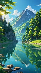 The calm lake reflects morning sunlight, creating a captivating panorama with distant mountain shadows. Green trees line the shore, offering peace and embracing nature's beauty, anime art 