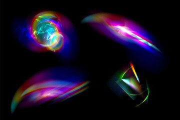 Iridescent crystal leak glare reflection effect. Optical rainbow lights, glare, leak, streak overlay. falling confetti. Vector colorful vector lenses and light flares with transparent effects.
