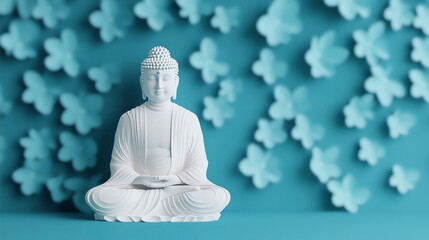 A serene white Buddha statue set against a calming turquoise background with delicate blue butterflies, symbolizing tranquility.