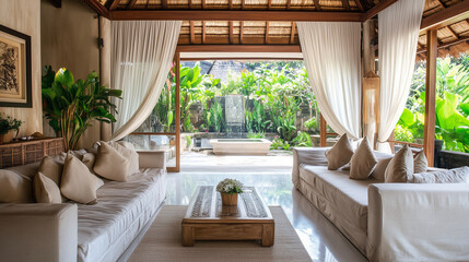 Fototapeta premium A lush and inviting living room with white sofas and flowing curtains opens into a garden with tropical greenery and a serene water feature.
