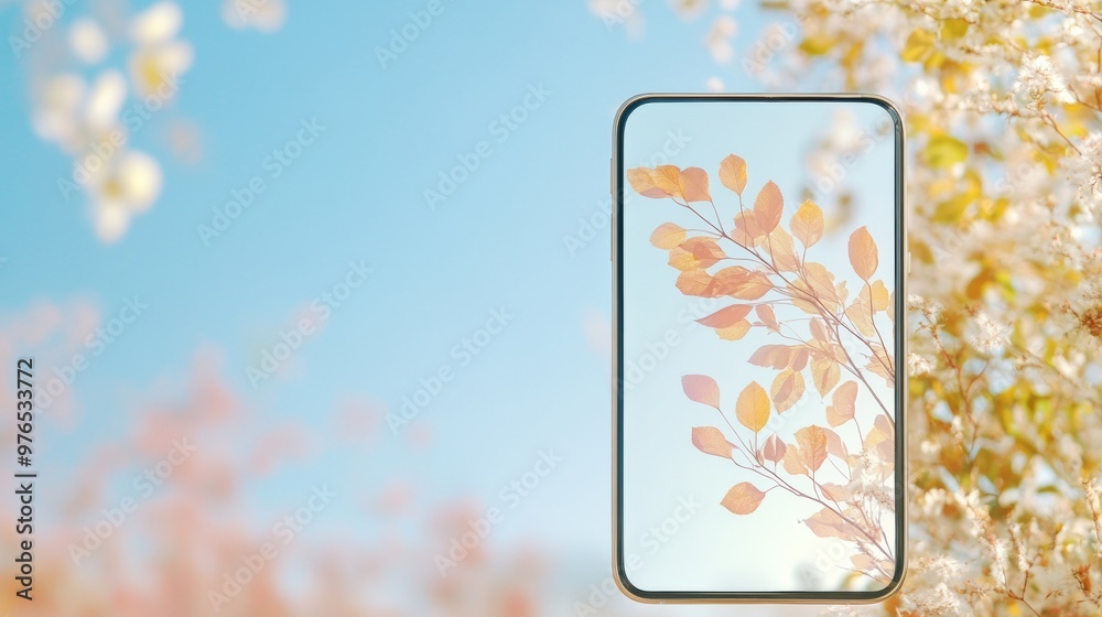Aufkleber modern minimalist smartphone displaying nature leaf art with shadows on screen against pastel sky