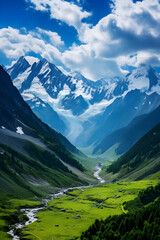 Fototapeta premium Stunning HD Panorama of Majestic Snow-capped Alpine Mountain Range Tranquil Wilderness