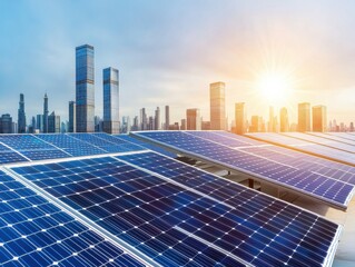 A breathtaking view of solar panels reflecting sunlight against a stunning city skyline at dawn, promoting renewable energy.