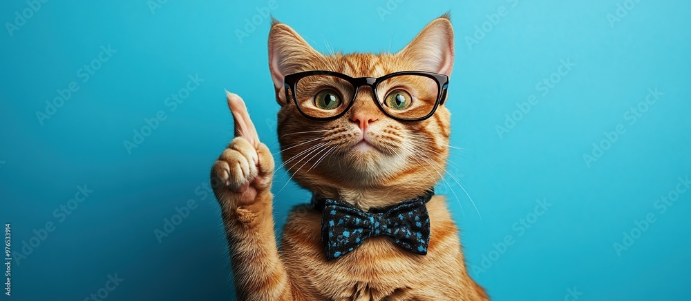 Wall mural ginger cat wearing glasses with a bow tie, raising its paw up. a ginger cat with glasses and a bow t