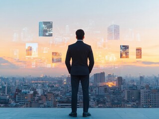A businessman gazes at a futuristic city skyline, envisioning digital opportunities as the sun sets in the background.