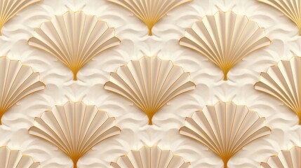 Elegant vintage floral art deco pattern featuring stylized palm leaves in a golden metallic gradient against a soft light background, seamlessly repeating for a luxurious touch.
