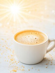 Obraz premium Minimalist of a Steaming Cup of Coffee with Sunburst Steam on Pale Yellow Background