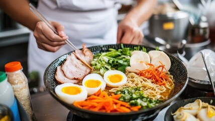 A chef preparing a vibrant bowl of ramen topped with vegetables, eggs, and meat, showcasing culinary artistry and delicious presentation.