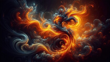 An abstract design featuring swirling patterns of fire, with vibrant orange and yellow flames blending into dark, smoky tendrils