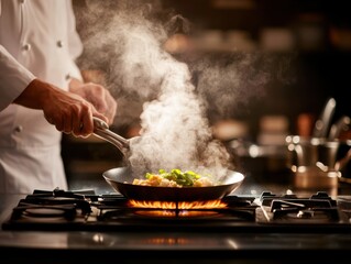 Fototapeta premium A chef skillfully cooks in a professional kitchen, showcasing culinary techniques with steam rising from the pan.