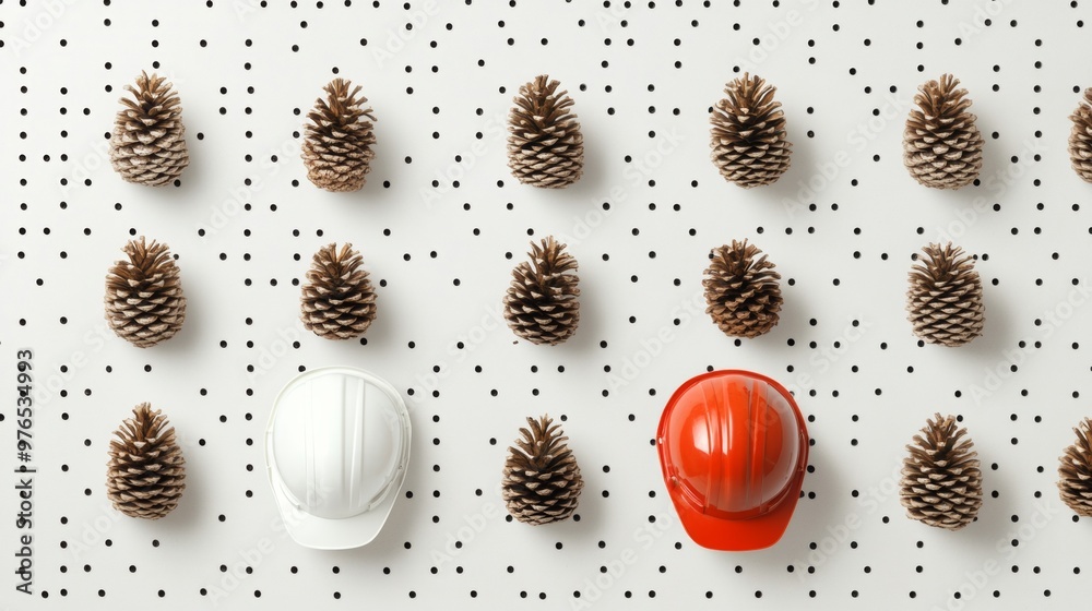 Poster minimalist pine cone and safety helmet pattern against polka dot background