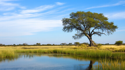 Fototapeta premium A picturesque landscape featuring a solitary tree beside a tranquil body of water, under a clear blue sky with gentle clouds, in a grassy savanna setting.