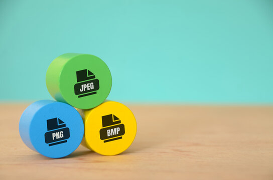 The arrangement of the three blocks, labeled "JPEG," "PNG," and "BMP," symbolizes the diversity of image file formats commonly used in digital photography and graphic design.