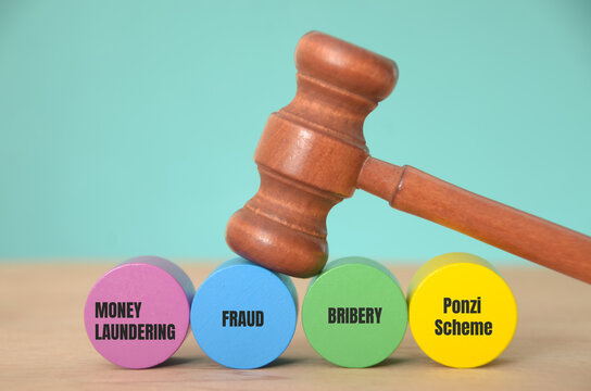 The gavel, positioned atop the blocks labeled "Money Laundering," "Fraud," "Bribery," and "Ponzi Scheme," symbolizes the power of the law to combat and punish financial crimes.