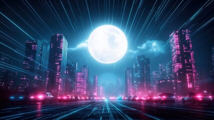 A futuristic city skyline illuminated by neon lights with a luminous full moon, creating a vibrant, surreal atmosphere.