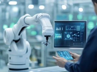 A futuristic robot arm interacts with high-tech screens in a modern production environment, showcasing innovation and precision.