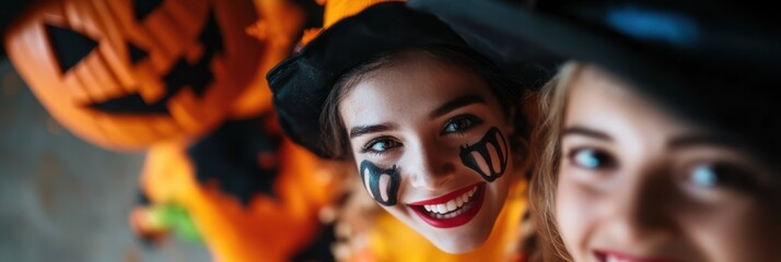 Two children dressed in Halloween costumes are happily surrounded by pumpkin decorations, evoking a sense of festivity and youthful excitement.