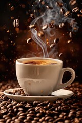 The coffee beans on the table and a steaming cup of coffee