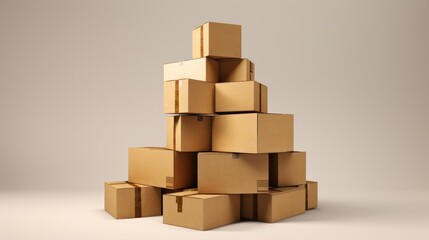 Fototapeta premium A pile of cardboard boxes arranged in a pyramid shape against a plain white background.
