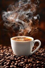 Fototapeta premium The coffee beans on the table and a steaming cup of coffee