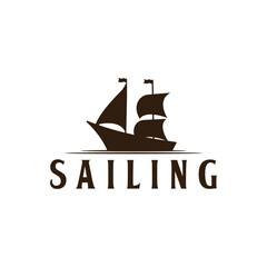 Sailing Vessel Boat on ocean sea waves for vintage nautical illustration label logo design