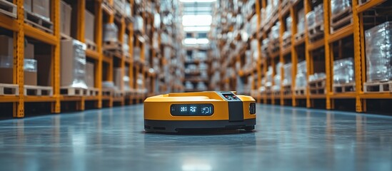 Autonomous Robot in a Warehouse Aisle. Generate Ai Image